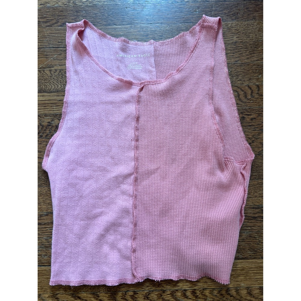 American Eagle Pink Mixed Media Waffle Pointelle Ribbed Crop Tank Top Medium